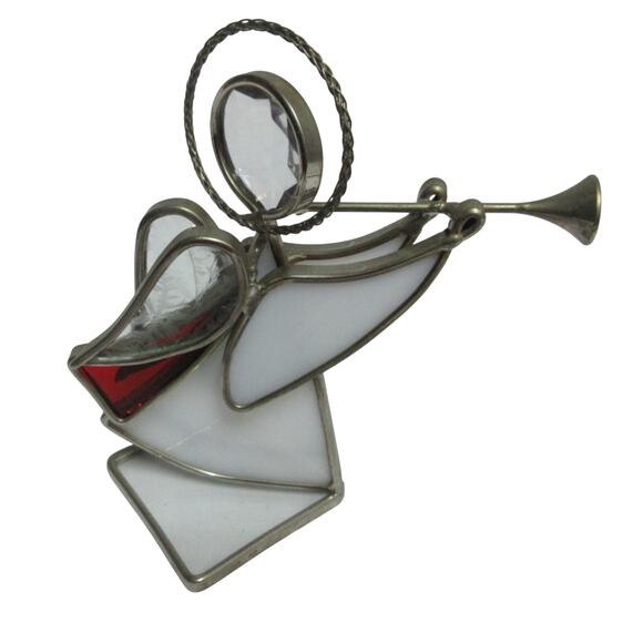 Vintage Stained Glass Two-tone 5" Angel Suncatcher W/ Trumpet White/Red - Picture 3 of 5